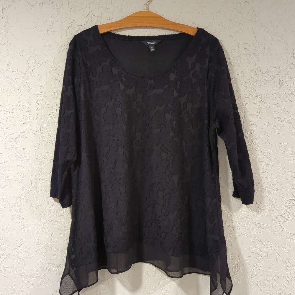 Simply Vera Wang Black 3/4 Sleeve Flowy Top - Women's XL Classic Floral Basic